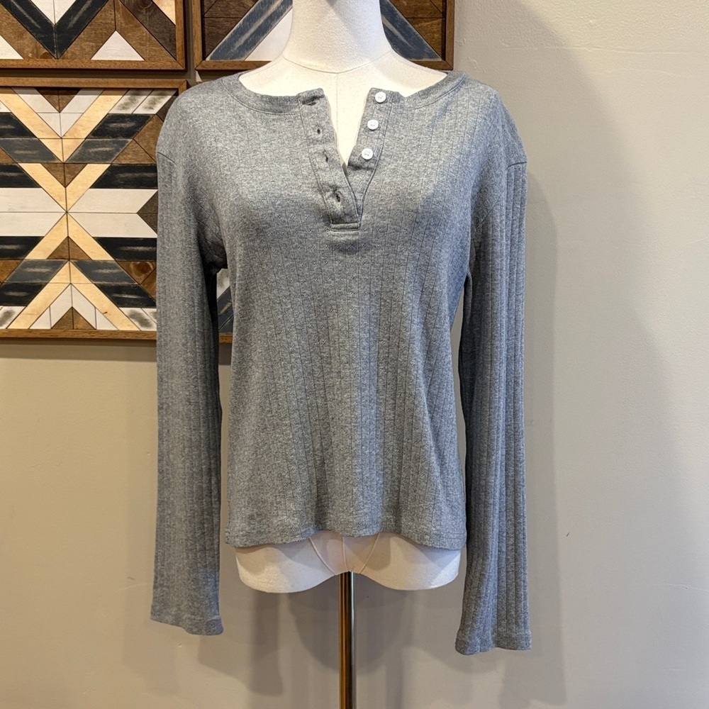 PARKE Pointelle Long Sleeve Henley Top Grey size Medium